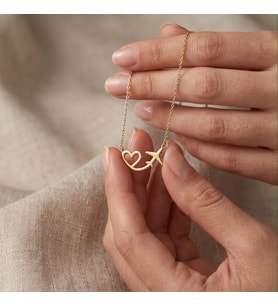 Kişiye Özel 925 Ayar Gümüş Minimal Kalp ve Uçak Figürlü Kolye (Gold)