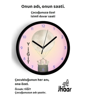 İsme Özel Sevimli Tavşan Çocuk Odası Duvar Saati Orta Boy 30 cm Siyah Camlı Sessiz