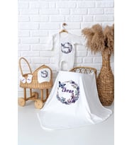 Pia Baby Premium  %100 Pamuk İsme Özel Kız Bebek Battaniye Tulum Hastane Çıkışı Hediye Seti 5040-05 (Ekru)