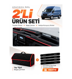 e-biz FORD TRANSİT TİP 1 (2020-2025) Uyumlu Torpido Örtüsü + Tay Tüyü Çanta - Siyah-Kırmızı - FO032