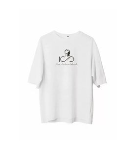 Unisex Bisiklet Yaka Baskılı Oversize T-Shirt - Beyaz