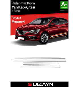 S-Dizayn Renault Megane 4 Krom Yan Kapı Çıtası 4 Prç 2016 Üzeri A+ Kalite