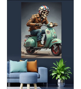Scooter Kullanan İskelet Adam Dekoratif Kanvas - Mdf Ahşap Tablo