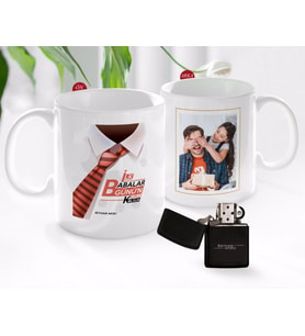 BK Gift Kişiye Özel Babalar Günü Hediyesi Fotoğraflı Kupa Bardak ve Benzinli Çakmak Seti-58 (Model 1)