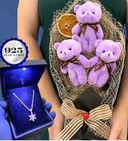 Işıklı Kutusunda 925 Ayar Gümüş Lotus Kolye ve Büyük Boy Peluş Ayıcık Buketi (Model 2)