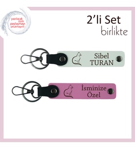 Mırlayan Enerjiyle Hazırlanmış, Kedili, Kişisel Yazılı Deri Anahtarlık, Beyaz-Pembe