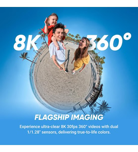X5 - Su geçirmez 8K 360° aksiyon kamerası, düşük ışıkta uç, görünmez selfie çubuğu efekti, sağlam değiştirilebilir lens, 3 saat pil, entegre. Rüzgar koruması, sabitleme, üçlü yapay zeka çipi