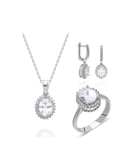  Zirkon Taş Oval Kesim 925 Ayar Gümüş Üçlü Kadın Set