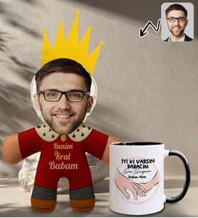 BK Gift Kişiye Özel Fotoğraflı Kral Babam Tasarımlı Bebek Yastık-1 & Siyah Kupa Bardak Hediye Seti-9, Babalar Günü Hediye, Babaya Hediye