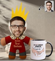 BK Gift Kişiye Özel Fotoğraflı Kral Babam Tasarımlı Bebek Yastık-1 & Siyah Kupa Bardak Hediye Seti-9, Babalar Günü Hediye, Babaya Hediye