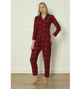 Fawn 3702 Boydan Düğmeli Soft Süet Kışlık Kareli Kadın Pijama Takımı (Kırmızı)