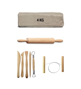 Beyaz Seramik Hamuru 4 kg Seramik Çamuru Çamur Kesme Teli Seramik Kili Ahşap Merdane