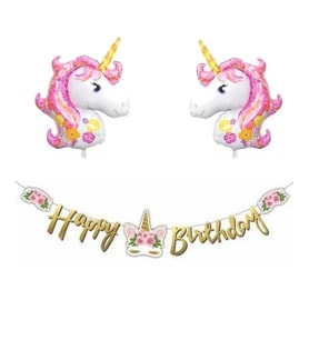 Çiçekli Unicorn Happy Birthday Folyo Balonlu Set