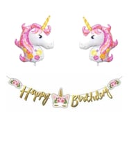 Çiçekli Unicorn Happy Birthday Folyo Balonlu Set