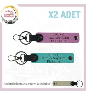 Motorcu Dostlara İsim Plaka ve 0 Rh (+) Kan Grubu Yazılı Motorcu Anahtarlık x2, K Turkuaz-Pembe-SK (Çok Renkli)