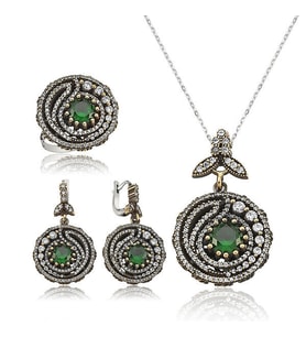 Yakut Taşlı Otantik Yaprak 925 Ayar Gümüş Kadın Set