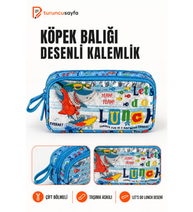 Sevimli Köpekbalığı Tasarımlı Çift Bölmeli Kalem Çantası
