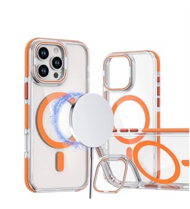 Coverzone iPhone 16 Pro ile uyumlu Metal Standl? ?effaf Magsefe ile uyumlu ?arj �zellikli Renkli ve ??k Tasar?ml? Dalliance Transparent TPU Arka Kapak Orange