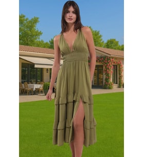 Kadın Yazlık Plaj Elbisesi Volanlı Haki Maxi Elbise Rahat Rahat Kullanım Uzun Ömürlü Modern Stil