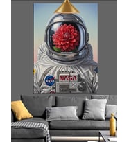 Çiçek Başlı Astronot Dekoratif Kanvas - Mdf Ahşap Tablo