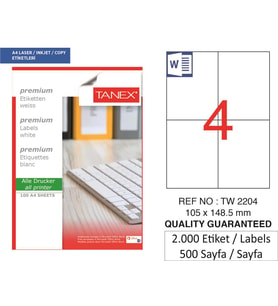 Tanex Lazer Etiket tw-2204 500 A4 Sayfa Laser Etiket 105 x 148,5 mm Boyutunda 1 A4 Sayfada 4 Etiket
