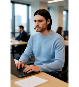 Erkek Mavi Bisiklet Yaka Fitted Seamless Reglan Kol Akrilik Triko Kazak Modern Şıklık Rahatlık