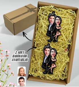 BK Gift Hediye Kutulu Kişiye Özel Sevgililer Karikatürlü Ahşap 2'li Ahşap Anahtarlık-6