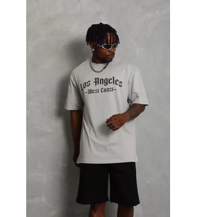 Unisex Oversize Baskılı Bisiklet Yaka T-Shirt - Gri