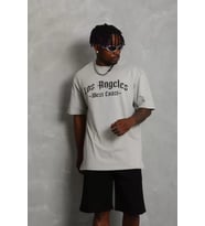 Unisex Oversize Baskılı Bisiklet Yaka T-Shirt - Gri