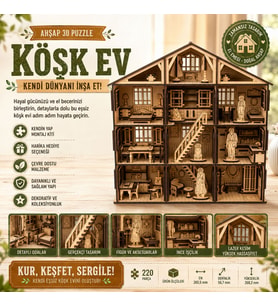 Köşk Ev Ahşap Maket Seti – DIY 3D Puzzle Çok Odalı Bebek Evi Koleksiyoner Modeli 220 Parça