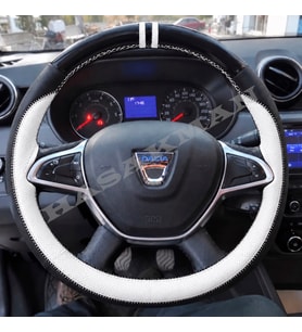 Dacia Logan MCV Mk2 Dikme Direksiyon Kılıfı Parlak Siyah Beyaz Detaylı Beyaz Çift Yüzük ve Dikiş 2017-2021