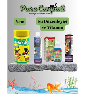 Japon Balığı Yem, Mineral, Vitamin, Su Düzenleyici Seti - AHM Goldi Mix Granulat 250 ml, Deep Fix Fishtavit 30 ml, GoldFish Minerals 85 ml, Effective Conditioner 85 ml