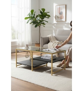 Modern Siyah-Gold Renk 3 Katlı Metal İskeletli Şeffaf Temper Camlı Dikdörtg