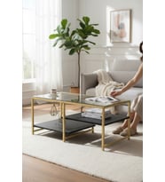 Modern Siyah-Gold Renk 3 Katlı Metal İskeletli Şeffaf Temper Camlı Dikdörtg