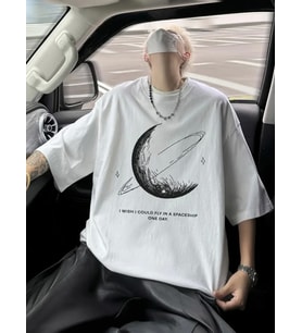 Baskılı Oversize Bisiklet Yaka T-shirt - Beyaz