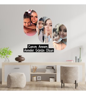 Anneler Gününe Özel Canım Annem Yazılı Oval 3 Fotoğraflı Kolaj Ahşap Tablo