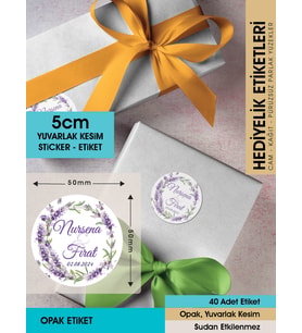 Sulu Boya Lavanta Çiçeği Modeli Düğün, Hediyelik Etiketi 5cm - 40 Adet Opak Sticker