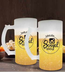 BK Gift Kişiye Özel Sosyal İçici Tasarımlı 2’li Buzlu Cam Bira Bardağı 50cl-4 (Beyaz)