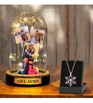 Kişiye Özel İsimli ve 3 Fotoğraflı Sırt Sırta Biblolu Fanus & Lotus Kolye  Led Işıklı Tasarım