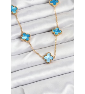 316L Çelik Zincir Gold Buz Mavisi Renk Yonca Kolye 5886 - LOHO3949-4472