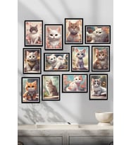 12 Parça Çerçeve Görünümlü Tatlı Kediler Dijital Sanat Temalı Mdf Tablo Seti 80x80 Cm