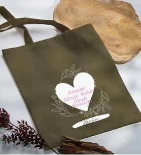 BK Gift Kişiye Özel İsimli Anneler Günü Tasarımlı Haki Kumaş Bez Çanta, Baskılı Omuz Çantası, Alışveriş Çantası, Anneler Günü Hediyesi, Anneye Hediye-2