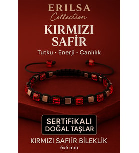 Sertifikalı Doğal Terahertz - Kırmızı Safir Taşı Bileklik 6x6 mm - Tutku ve Güç Taşı