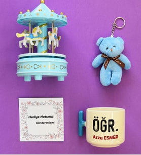 Kişiye Özel Minimal Öğretmen Hediye Kutusu - Kişiye Özel T Kupa, Atlı Karınca Müzik Kutusu, Peluş Anahtarlık Öğretmenler Günü Hediyesi
