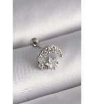 316L Çelik Gümüş Renk Zirkon Taşlı Ay Yıldız Tragus Piercing TJ-PR1257
