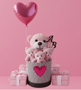 Livra Gift - Kişiye Özel Baş Harfli Pembe Kalp Balonlu Peluş Ayıcık Buketi & Özel Seri Kalp Logolu Hediye Kutusu - Sevgililer Günü & Yıldönümü Hediyesi