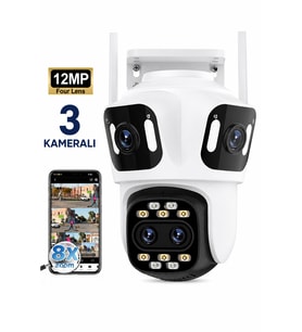 3 Kameralı 12MP WiFi Güvenlik Kamerası 360° PTZ 8X Hibrit Zoom IP66 Su Geçirmez Hareket Takipli Gece Görüşlü Çift Yönlü Sesli