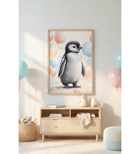 Penguen ve Balonlar 1. Kalite Ahşap Çerçeveli Tablo