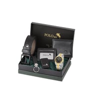Polo Air Takvimli Erkek Kol Saati Cüzdan Kemer Kartlık Çakmak Anahtarlık Seti Gold Gümüş Siyah Renk PL-7076E6 (Siyah-Altın)