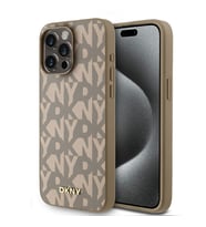 Apple iPhone 15 Pro Max Uyumlu Kılıf DKNY Orjinal Lisanslı M-safe Şarj Özellikli 3D Yazılı Grid Pattern Kapak (Kahverengi)